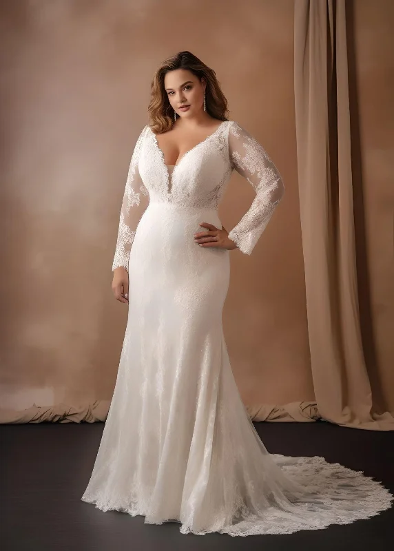 Sexy Plus Size Mermaid Boho Lace Wedding Dress Floral Illusion Long Sleeve Sweep Train Button Back Bridal Gown Beaded Lace Wedding