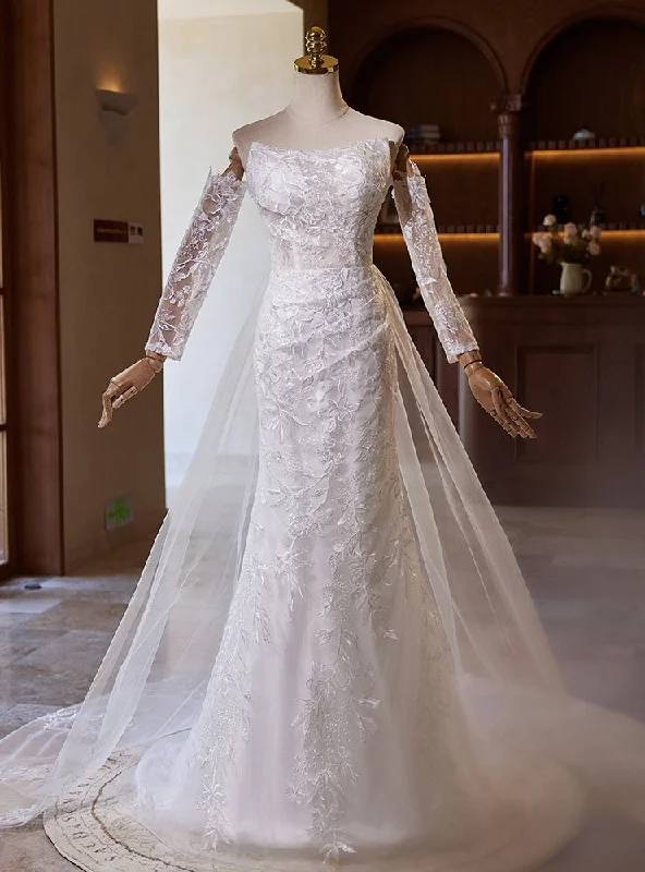 Sexy White Mermaid Lace Tulle Long Sleeve Wedding Dress Open Back Dress