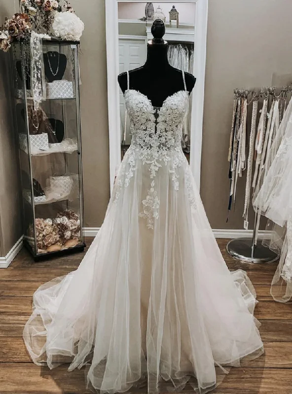 Sexy White Tulle Lace Spaghetti Straps Wedding Dress Modern Bridal Gown