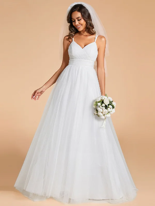 Shiny Spaghetti Straps Wholesale Wedding Dresses With Back Bow Luxury Lace Gown