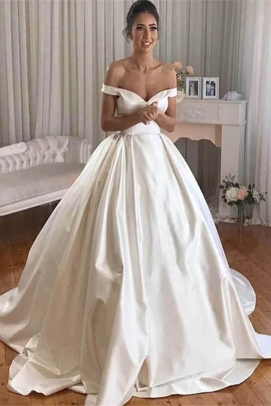 Simple Princess Ivory Ball Gown Sweetheart Satin Off the Shoulder Wedding Dresses Romantic Lace Dress