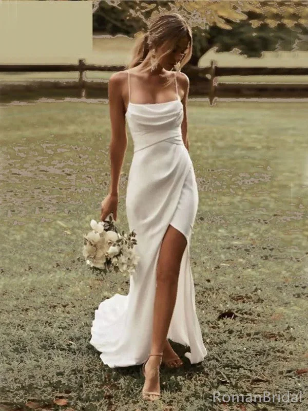 Simple Spaghetti Strap Sleeveless Mermaid White Satin Long Wedding Dresses With Trailing, WD0549 Empire Waist Gown