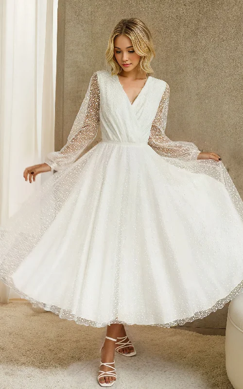 Vintage Sparkly Midi A-Line Illusion Sleeve Wedding Dress with Sexy V-Neck and Elegant Button Back Simple Wedding Gown