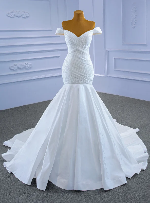 White Mermaid Satin Pleats Off the Shoulder Wedding Dress Wedding Dress Long