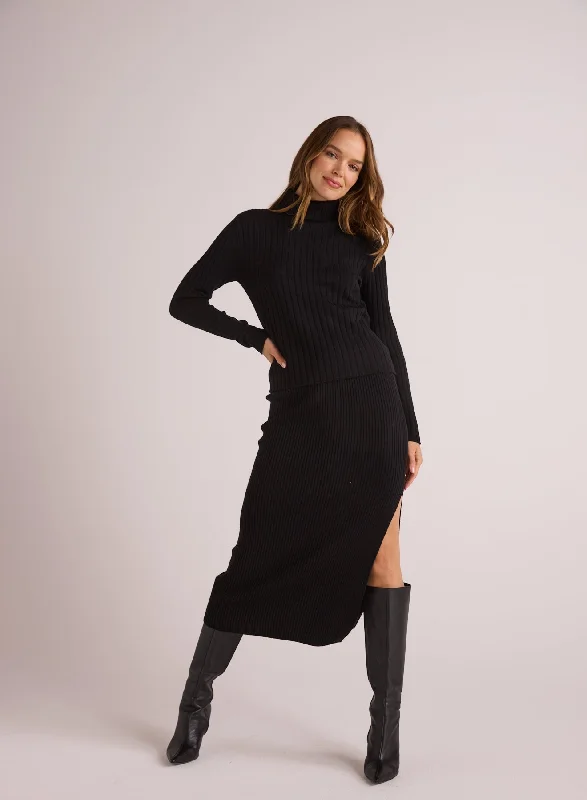 Ribbed Knit Skirt with Side Slit - Black Chiffon unclassified skirts