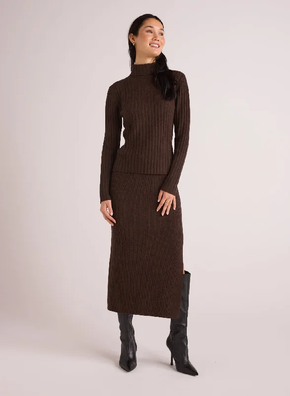 Ribbed Knit Skirt with Side Slit - Heather Brown Tulle unclassified skirts