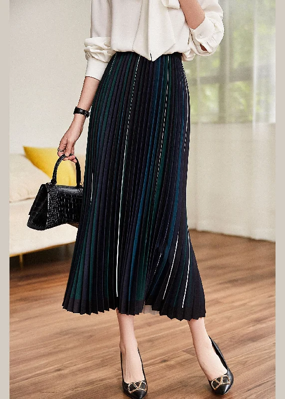 Classy Black Elastic Waist Striped Silk Pleated Skirt Spring Tiered unclassified skirts