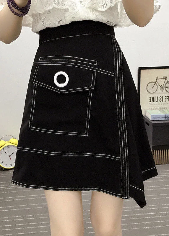 Natural Black Asymmetrical Patchwork Pockets Cotton Skirts Summer Best-selling unclassified skirts