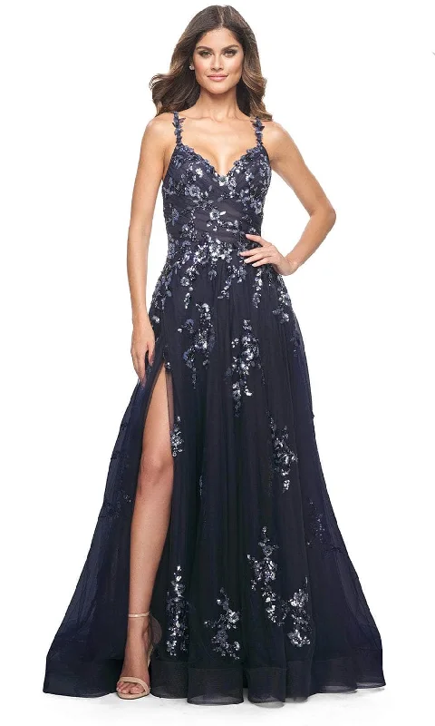 La Femme 31936 - Floral Applique V-Neck Prom Gown Minimalist party dresses