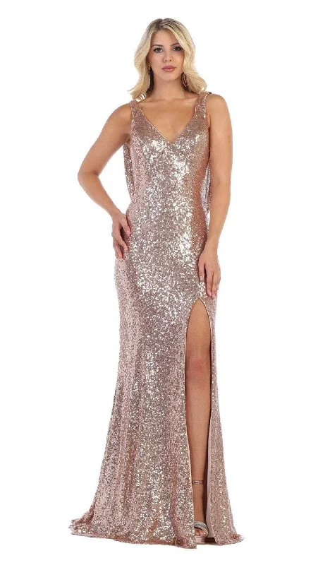 May Queen RQ7676 - Allover Sequin V-Neck Evening Gown Best party dresses for plus size