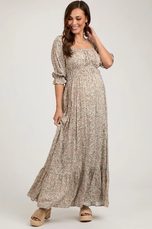 Beige Floral Criss Cross Back Maternity Maxi Dress High-end maxi dresses