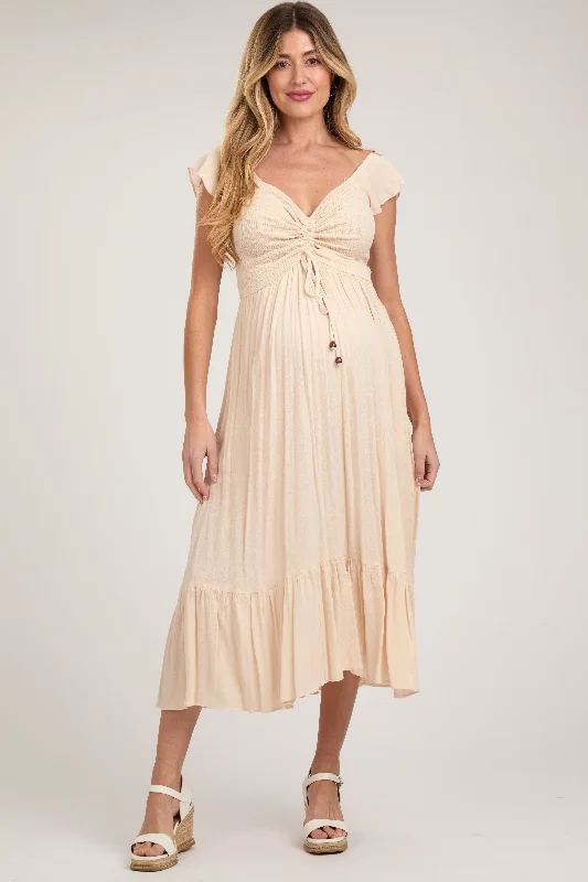 Beige Smocked Ruched Ruffle Hem Maternity Maxi Dress Tiered maxi dresses