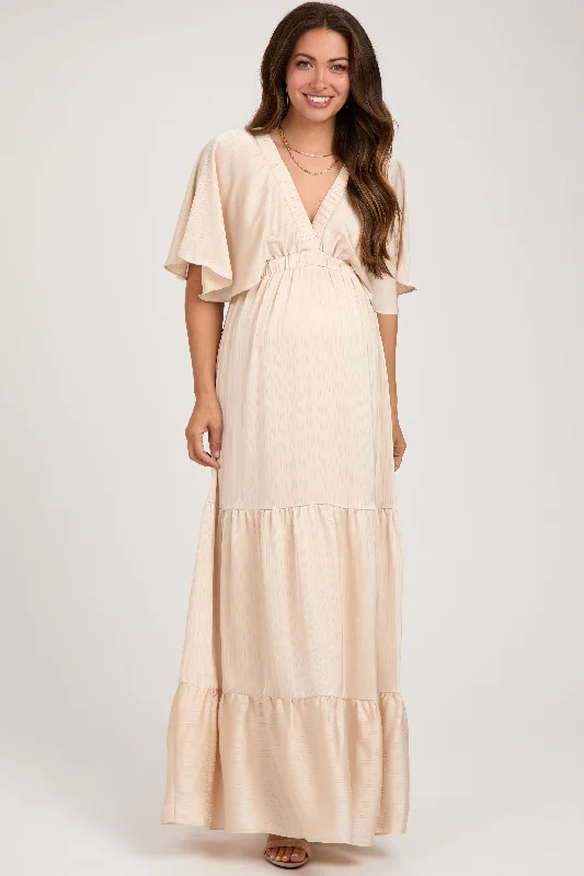 Beige V-Neck Flutter Sleeve Tiered Maternity Maxi Dress Beach maxi dresses