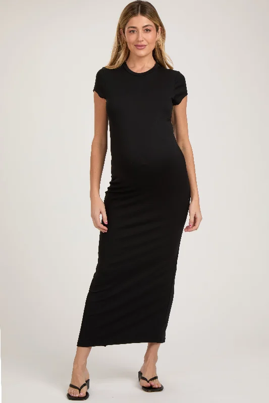 Black Fitted Short Sleeve Maternity Maxi Dress Discounted maxi dresses