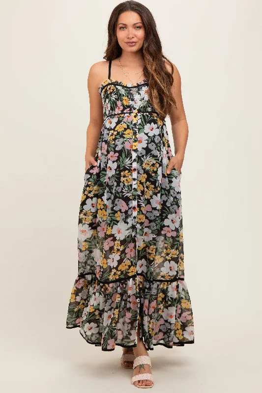 Black Floral Smocked Button Accent Maternity Maxi Dress Revolve maxi dresses