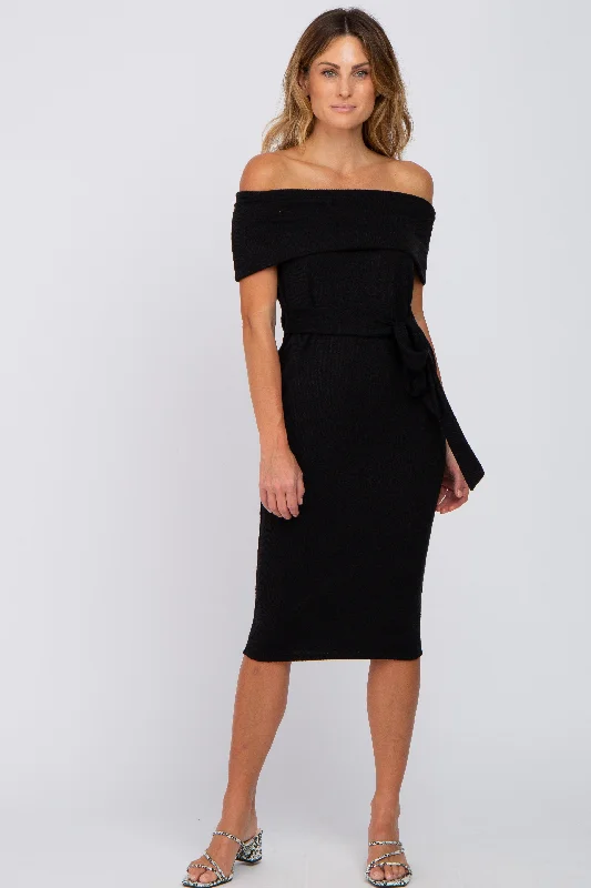 Black Folded Off Shoulder Waist Tie Midi Dress Comfortable midi dresses for everyday wear