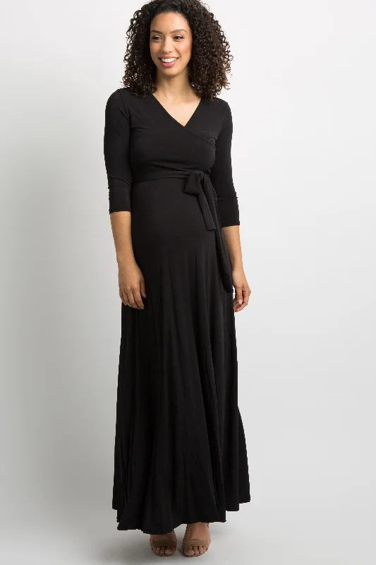 Black Solid Sash Tie Maternity Maxi Dress Street style maxi dresses