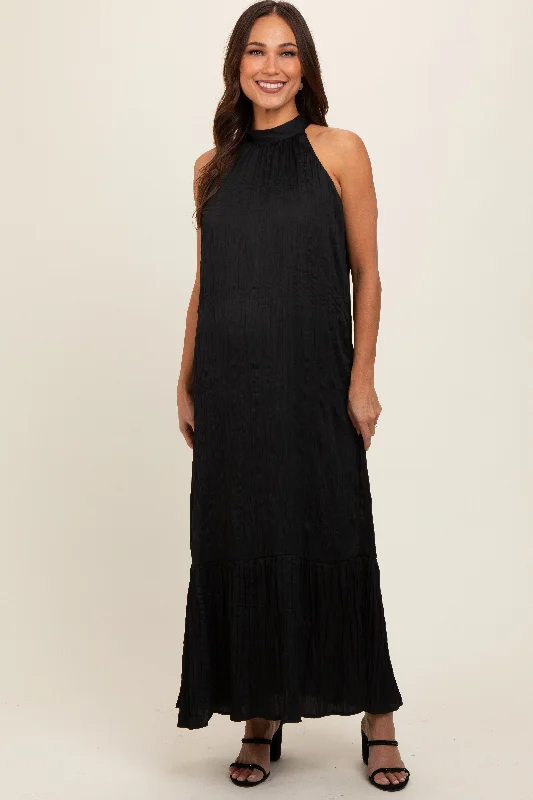 Black Textured Halter Tie Maternity Maxi Dress Y2K maxi dresses