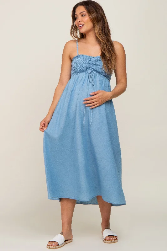 Blue Chambray Cinched Smocked Maternity Midi Dress Women's midi dresses