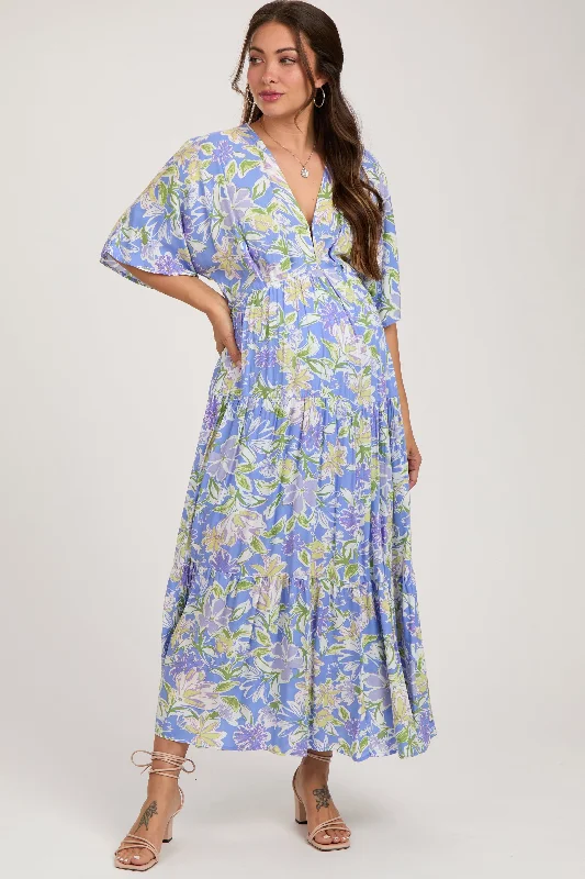 Blue Floral Dolman Sleeve Tiered Maternity Maxi Dress Best maxi dresses for plus size