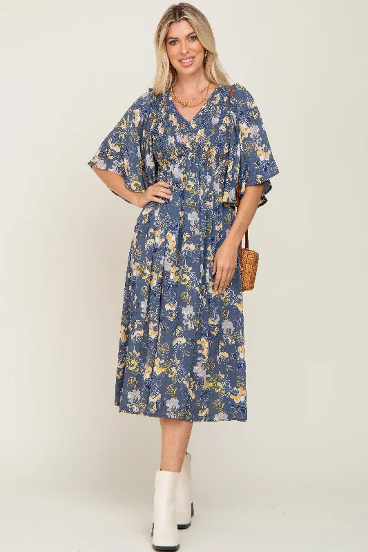 Blue Floral Smocked Flowy Half Sleeve Midi Dress Glamorous midi dresses