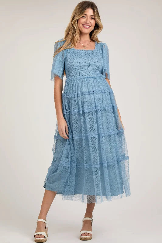 Blue Ruffled Mesh Maternity Maxi Dress Best maxi dresses for casual wear