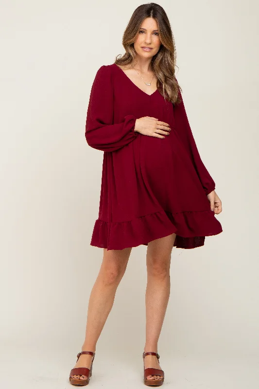 Burgundy Long Sleeve Gathered Tier Maternity Dress Best maxi dresses for tall women