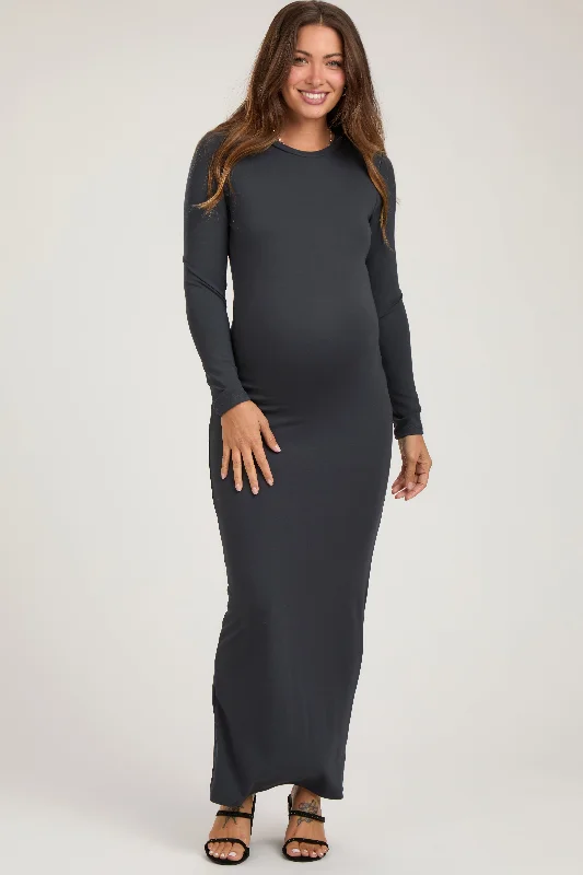 Charcoal Long Sleeve Fitted Maternity Maxi Dress Summer maxi dresses