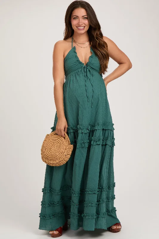 Dark Teal Ruffle Ruched Deep V-Neck Maternity Maxi Dress Office maxi dresses