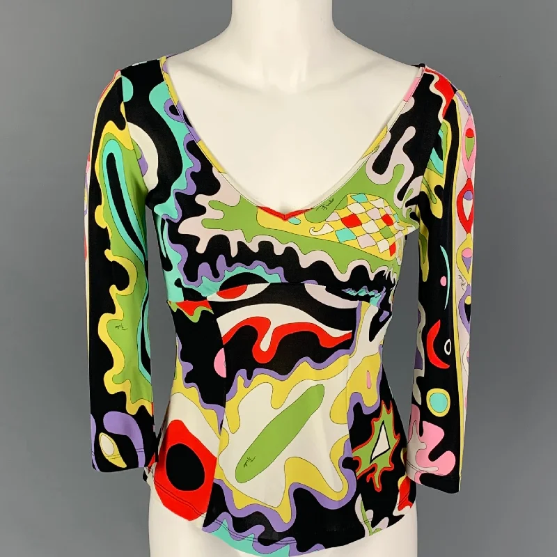 EMILIO PUCCI Size 6 Multi-Color Rayon Abstract Long Sleeve Dress Top Best maxi dresses for elegant looks