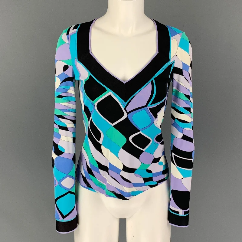 EMILIO PUCCI Size 6 Turquoise Purple Viscose Abstract Long Sleeve Dress Top Hot new arrivals in maxi dresses