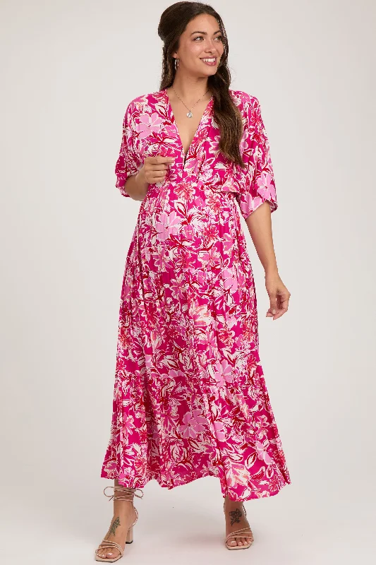 Fuchsia Floral Dolman Sleeve Tiered Maternity Maxi Dress Fashion-forward maxi dresses