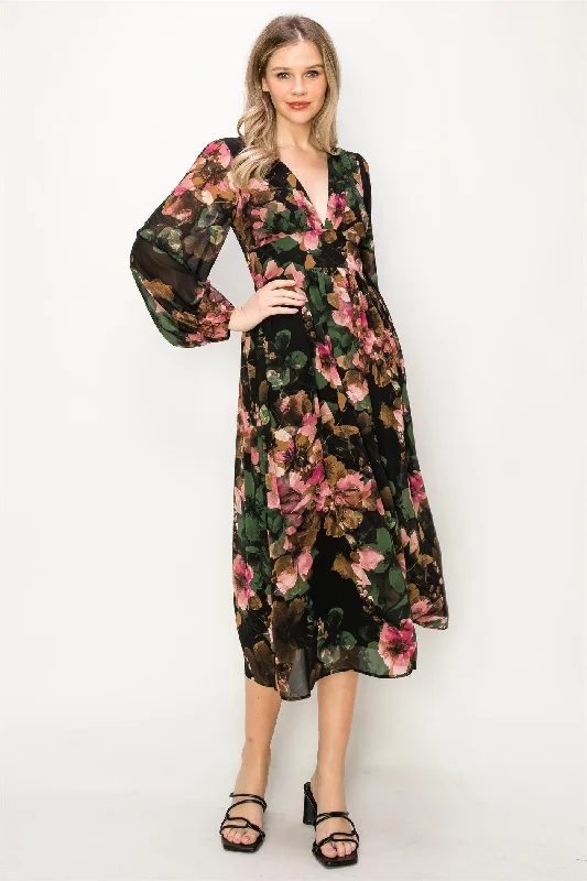 Green Chiffon Floral Long Sleeve V-Neck Maxi Dress Best maxi dresses for formal events