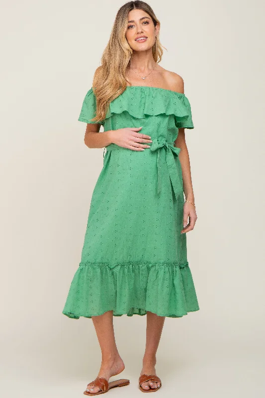 Green Eyelet Embroidered Ruffle Off Shoulder Maternity Midi Dress Clubbing midi dresses