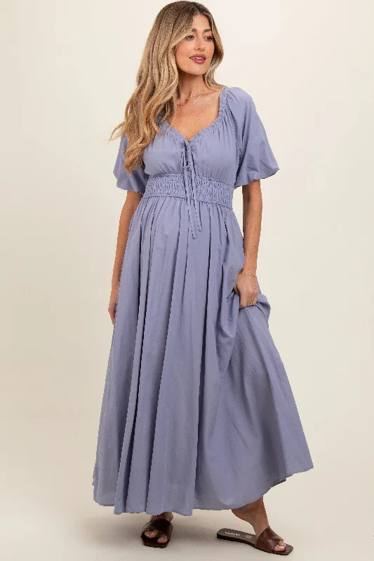 Lavender Smocked Puff Sleeve Maternity Maxi Dress Casual maxi dresses