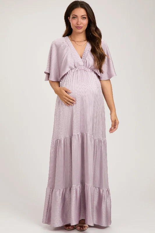 Lavender V-Neck Flutter Sleeve Tiered Maternity Maxi Dress Off-shoulder maxi dresses