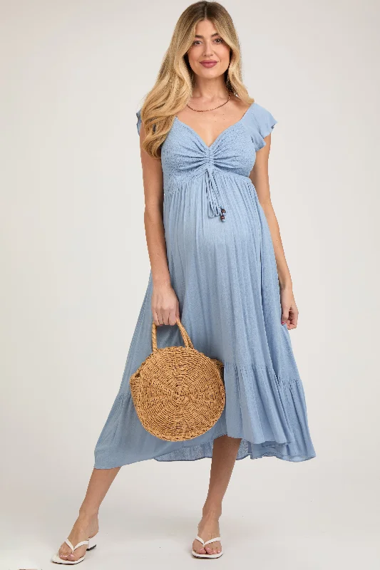 Light Blue Smocked Ruched Ruffle Hem Maternity Maxi Dress Goth maxi dresses