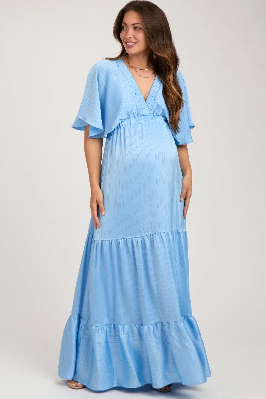 Light Blue V-Neck Flutter Sleeve Tiered Maternity Maxi Dress Velvet maxi dresses