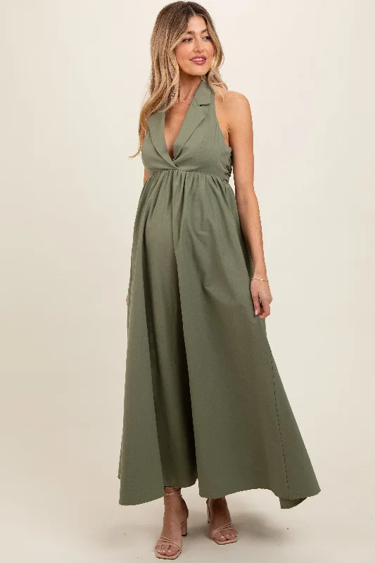 Light Olive Collared Halter Back Tie Maternity Maxi Dress Birthday maxi dresses