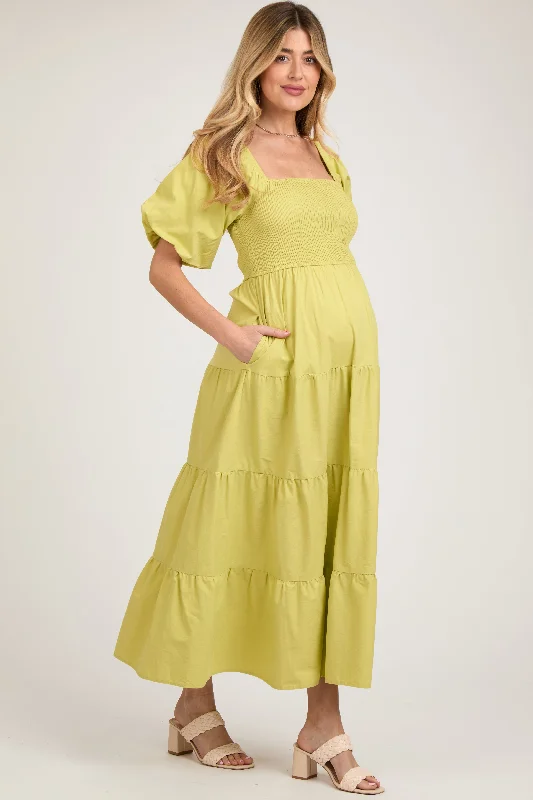 Light Olive Smocked Square Neck Puff Sleeve Tiered Maternity Maxi Dress Fashion Nova maxi dresses