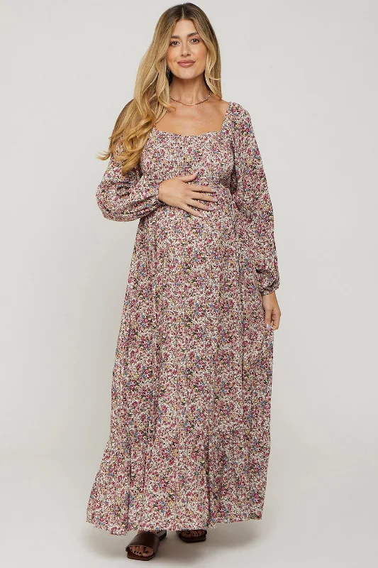 Mauve Floral Long Sleeve Maternity Maxi Dress Satin maxi dresses