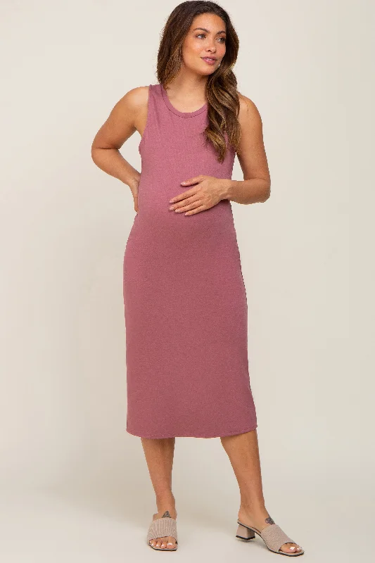 Mauve Sleeveless Back Cutout Maternity Midi Dress Preppy midi dresses