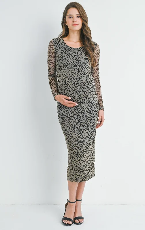 Mesh Leopard Print Round Neck Long Sleeve Maternity Midi Dress Best midi dresses for plus size