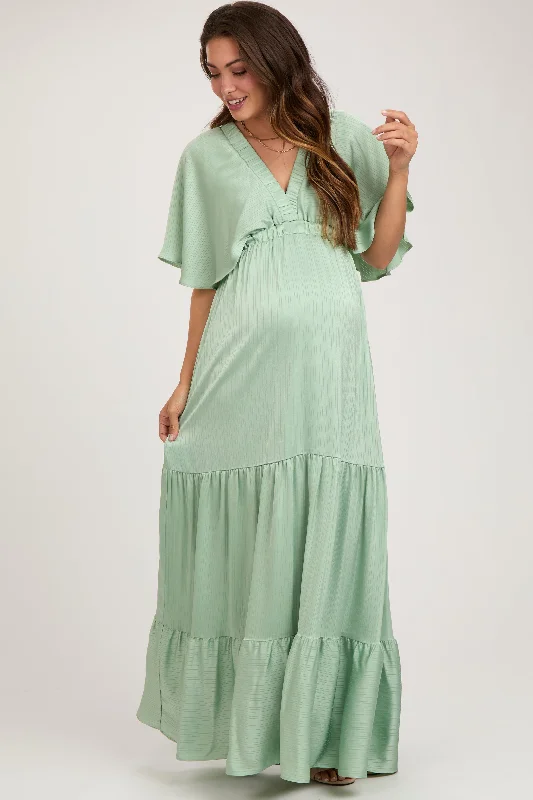 Mint V-Neck Flutter Sleeve Tiered Maternity Maxi Dress Long sleeve maxi dresses