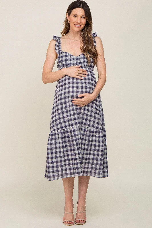 Navy Blue Checkered Linen Sweetheart Neck Ruffle Strap Maternity Midi Dress Sexy midi dresses