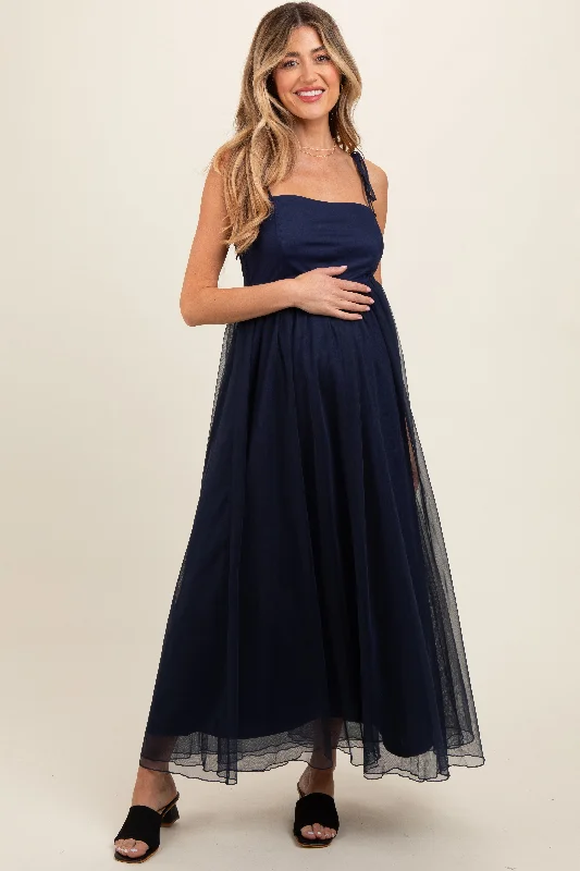 Navy Blue Square Neck Shoulder Tie Tulle Maternity Maxi Dress Must-have maxi dresses for this season