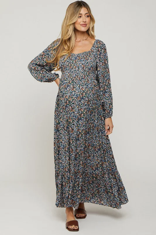 Navy Floral Long Sleeve Maternity Maxi Dress Chiffon maxi dresses