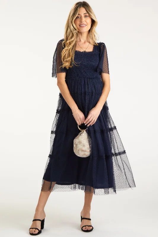 Navy Ruffled Mesh Maternity Maxi Dress Party maxi dresses