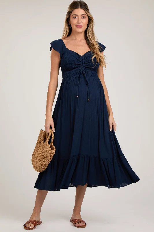 Navy Smocked Ruched Ruffle Hem Maternity Maxi Dress Best value maxi dresses