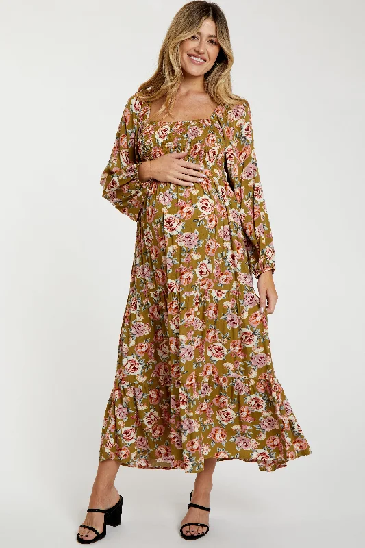 Olive Floral Long Sleeve Maternity Maxi Dress Sleeveless maxi dresses